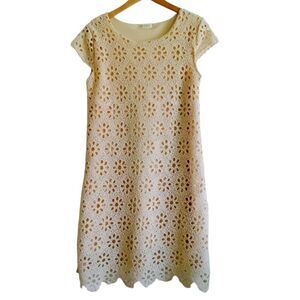 Ace Fashion Floral Eyelet Beige Neutral Tan Lined Cap Sleeves Boho Shift Dress L